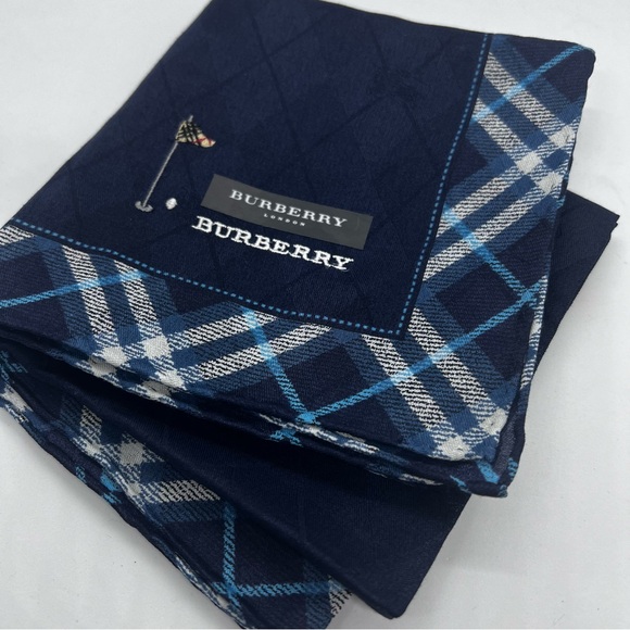 Burberry Blue Checkered Handkerchief Scarf with Golf Motif | 🆕 - Picture 1 of 7